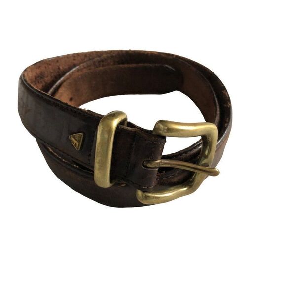 Vintage Aged Leather Belt Fossil Solid Brass Bukcle - Picture 1 of 3
